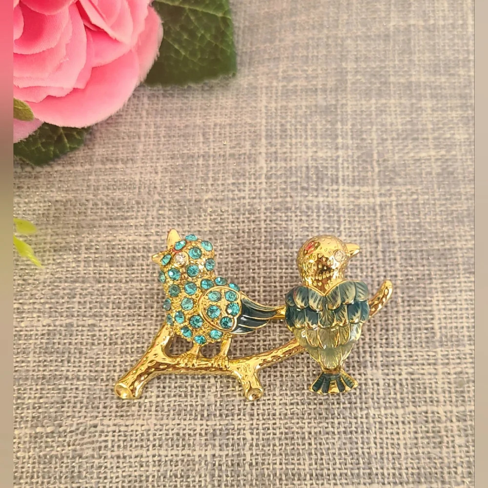 Vintage Gold Tone Brooch With Blue Rhinestones And Enamel, Birds On A Branch